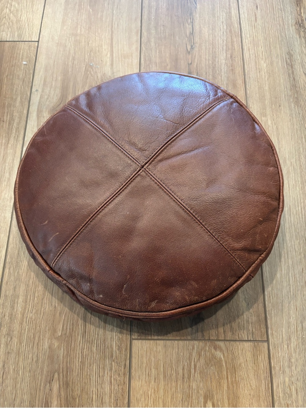 Round Brown Leather Floor Pouf Cushion